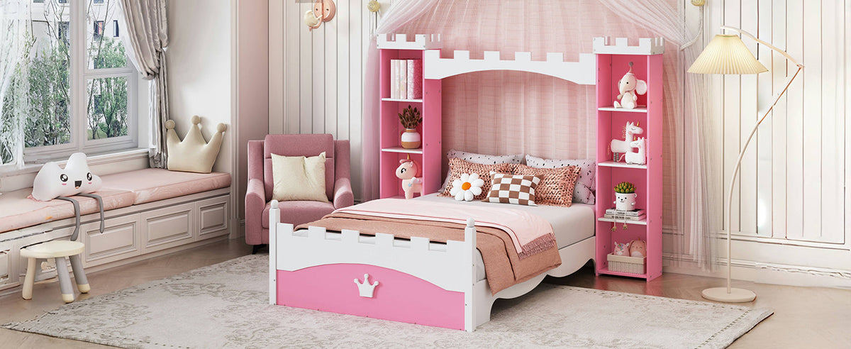 Pink Castle Twin Bed with Built-In Kids Bookshelves