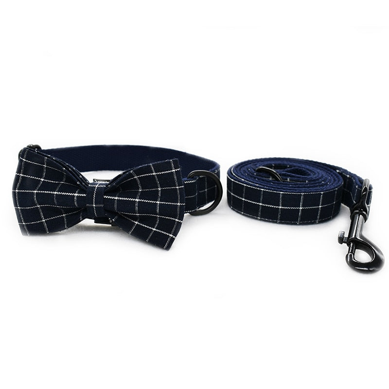 Pet Collar and Leash Set with Navy Blue Plaid Bowtie