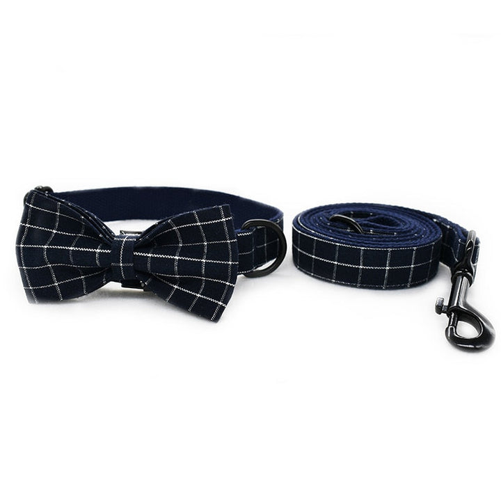 Pet Collar and Leash Set with Navy Blue Plaid Bowtie