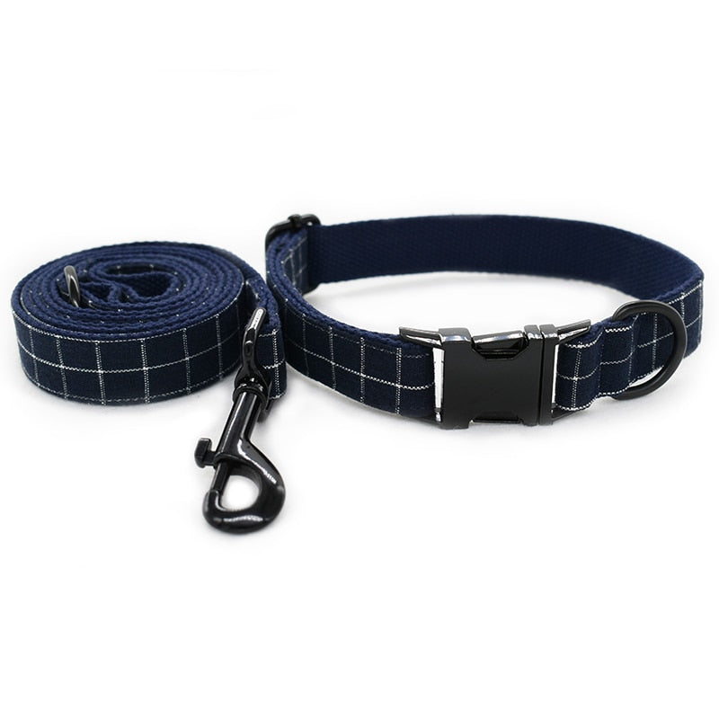 Pet Collar and Leash Set with Navy Blue Plaid Bowtie