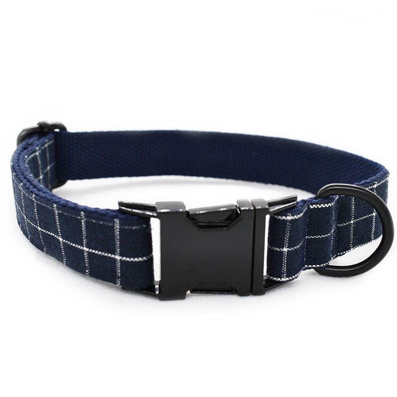 Pet Collar and Leash Set with Navy Blue Plaid Bowtie