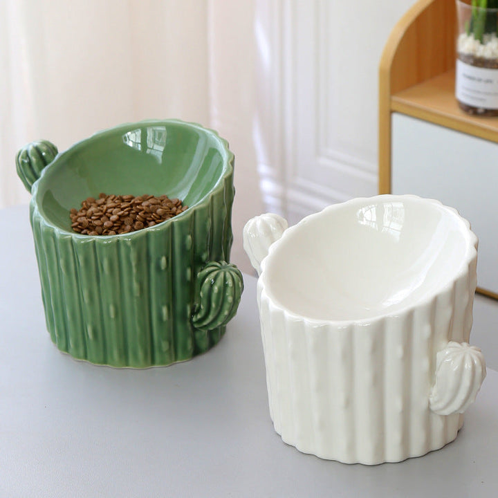 Elevated Ceramic Cat Bowl With Stable Cactus Design
