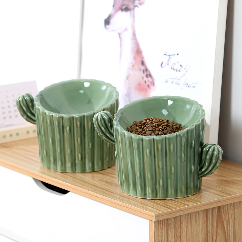 Elevated Ceramic Cat Bowl With Stable Cactus Design