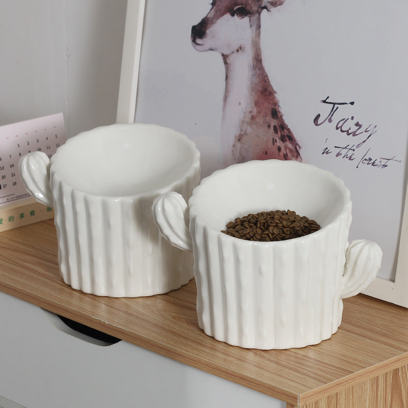 Elevated Ceramic Cat Bowl With Stable Cactus Design