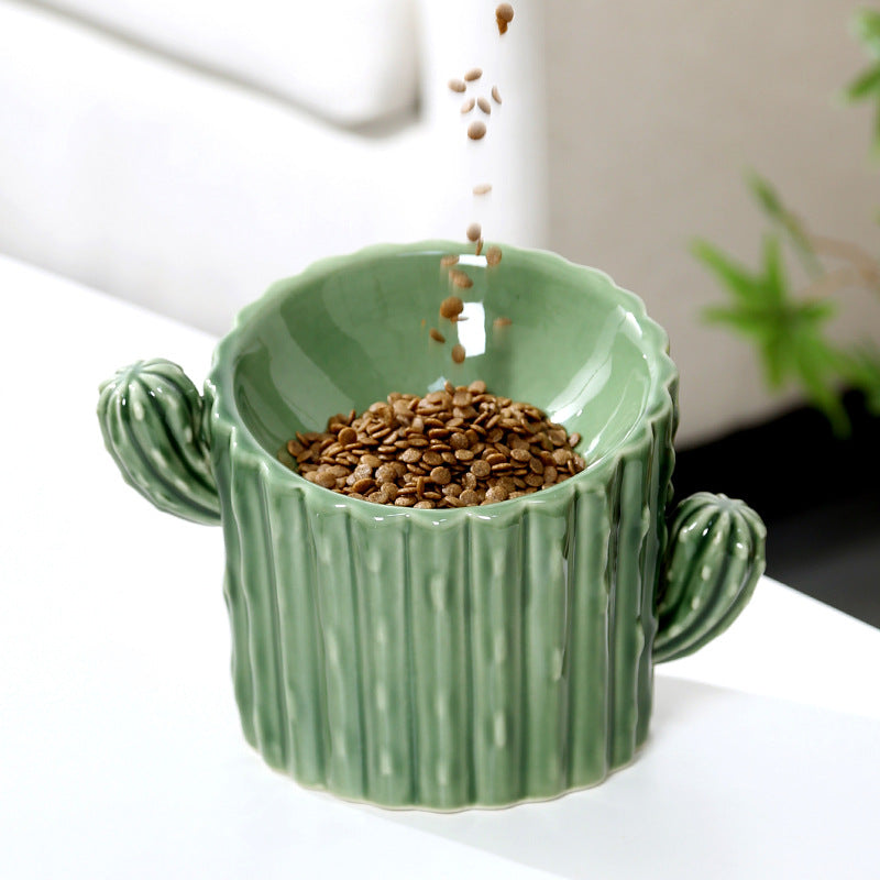 Elevated Ceramic Cat Bowl With Stable Cactus Design