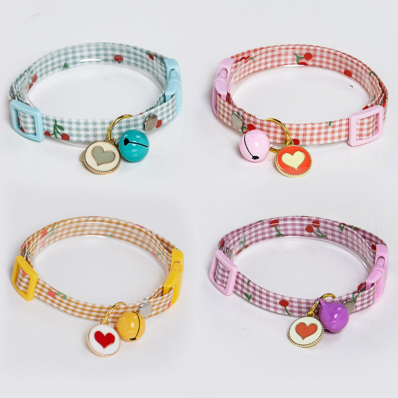 Adjustable Cat Collar with Bell, Heart Charm & Gingham