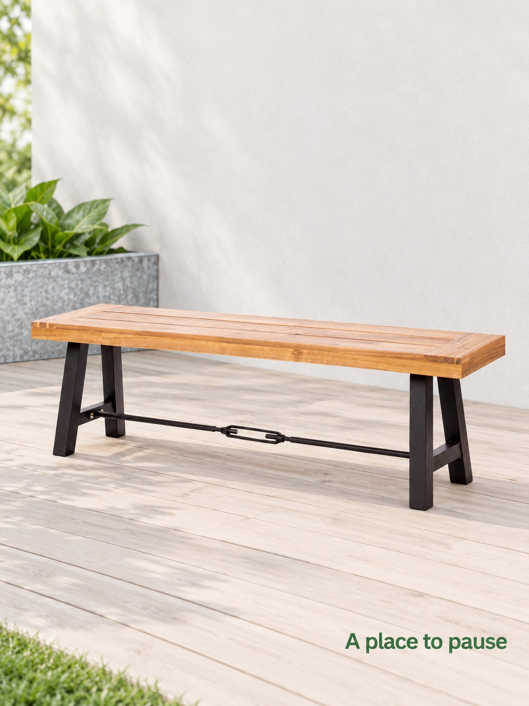 Acacia Wood Patio Bench with Black Steel Frame for Outdoors