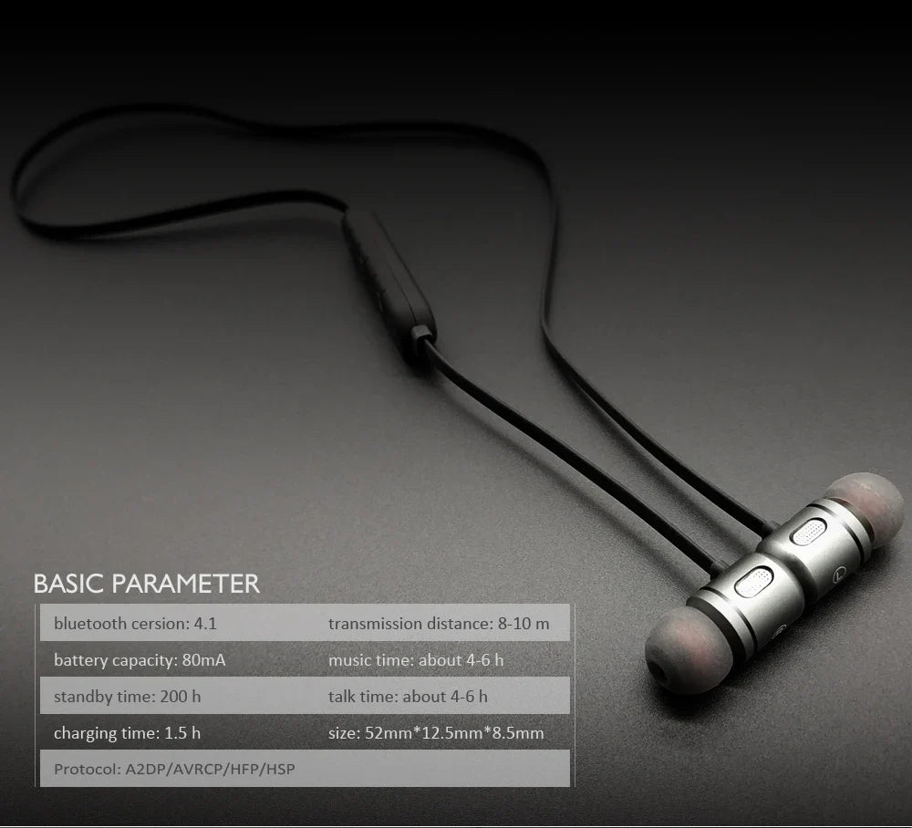 Magnetic Bluetooth Sports Earphones with Metal Earbuds