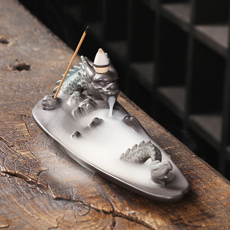 Ceramic Backflow Incense Burner Dragon Accent Decor