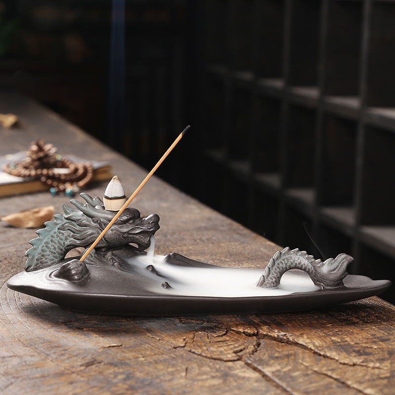 Ceramic Backflow Incense Burner Dragon Accent Decor