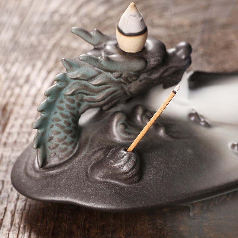 Ceramic Backflow Incense Burner Dragon Accent Decor