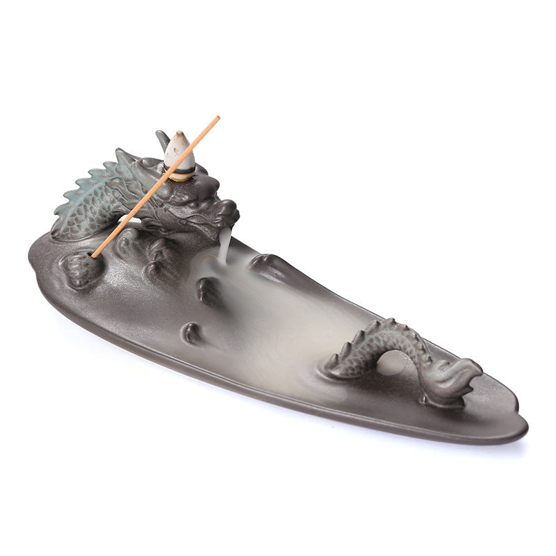 Ceramic Backflow Incense Burner Dragon Accent Decor