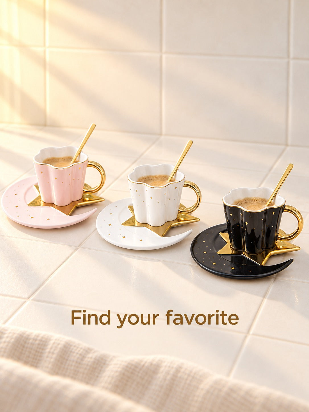 Ceramic Coffee Cup and Saucer Set with Gold Star Moon