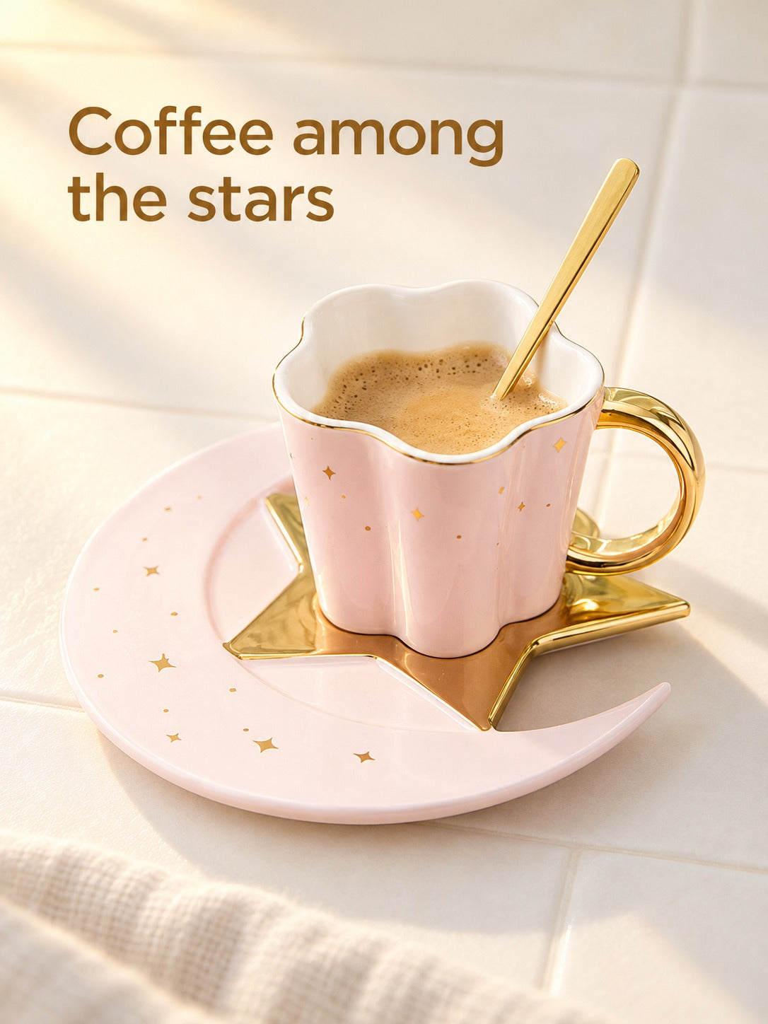 Ceramic Coffee Cup and Saucer Set with Gold Star Moon