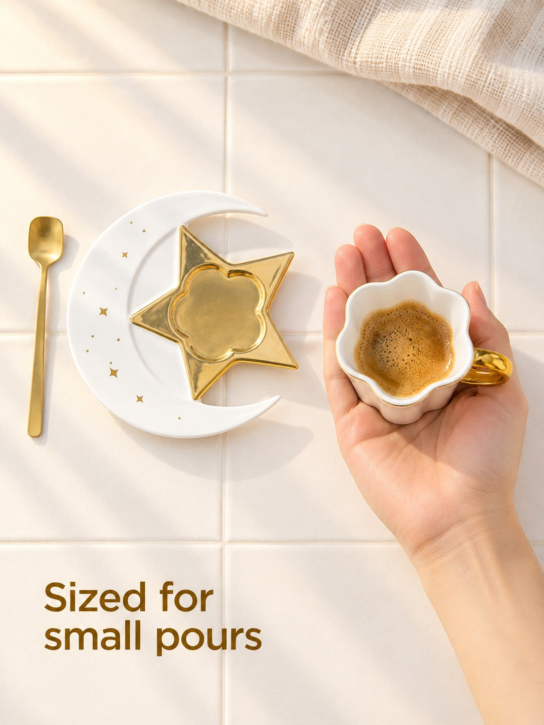 Ceramic Coffee Cup and Saucer Set with Gold Star Moon