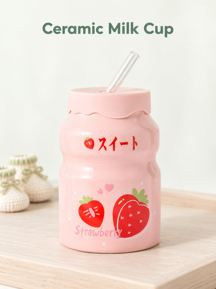 Cute Ceramic Milk Bottle Cup with Glass Straw for Kids