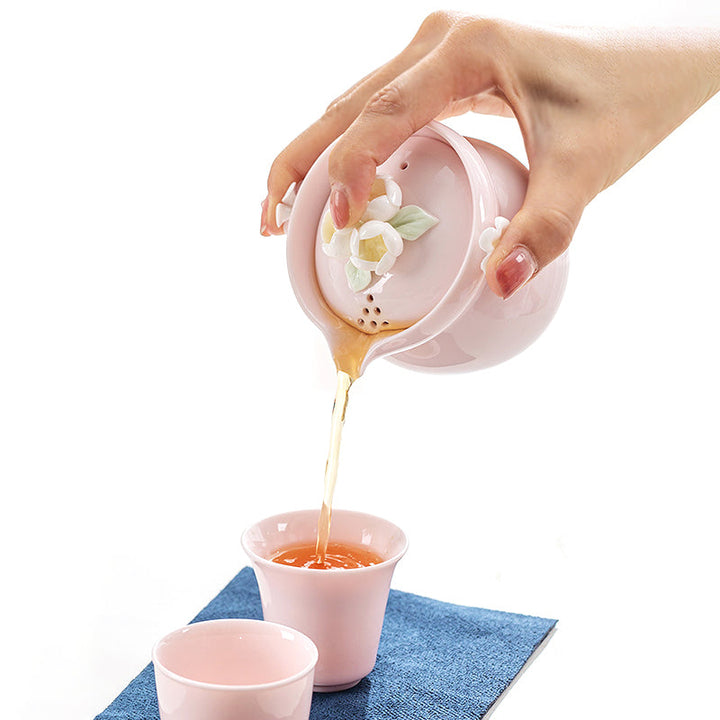 Pink Ceramic Teapot Set with Built-in Tea Filter & 2 Cups