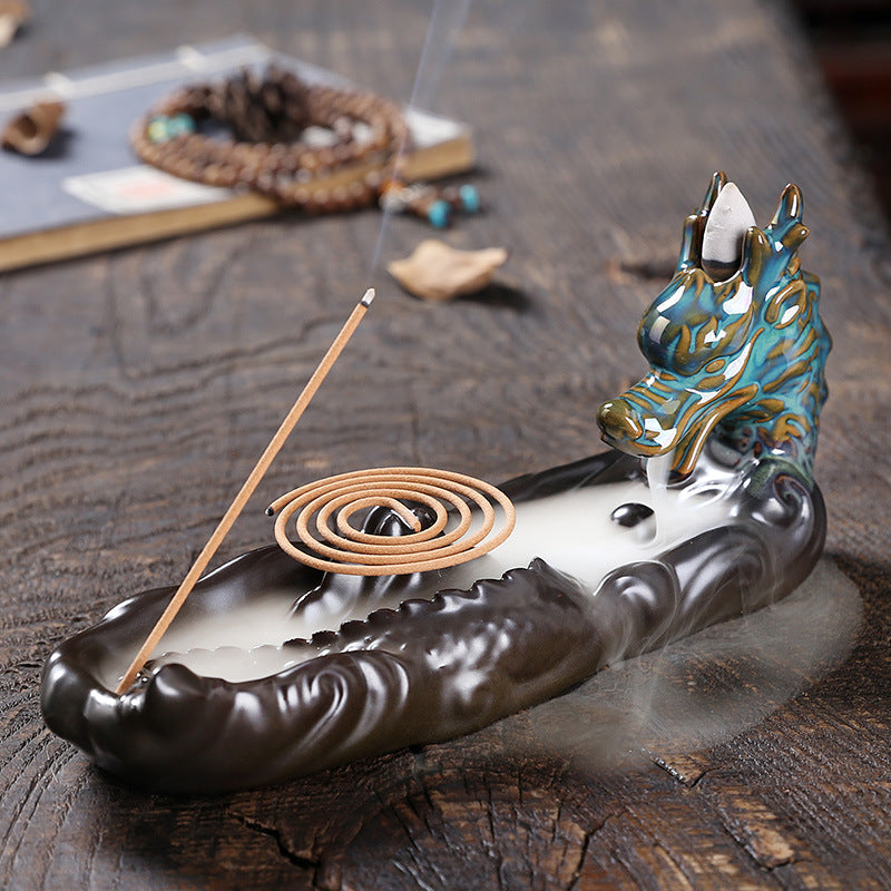 Ceramic Backflow Incense Burner With Dragon Decor
