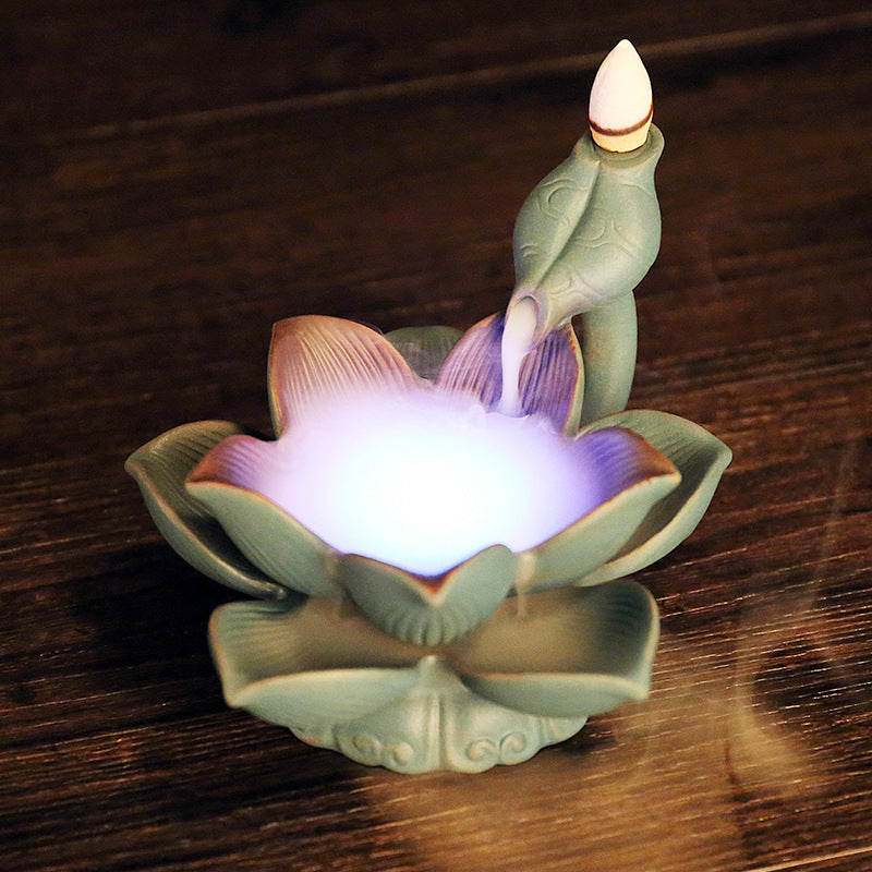 Ceramic Backflow Incense Burner With Glowing Lotus