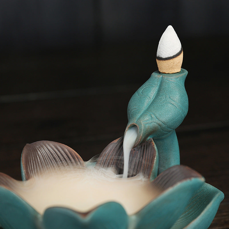 Ceramic Backflow Incense Burner With Glowing Lotus