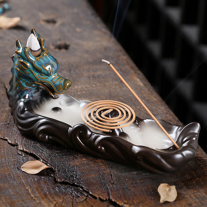Ceramic Backflow Incense Burner With Dragon Decor