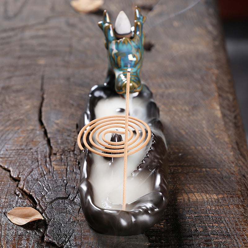 Ceramic Backflow Incense Burner With Dragon Decor