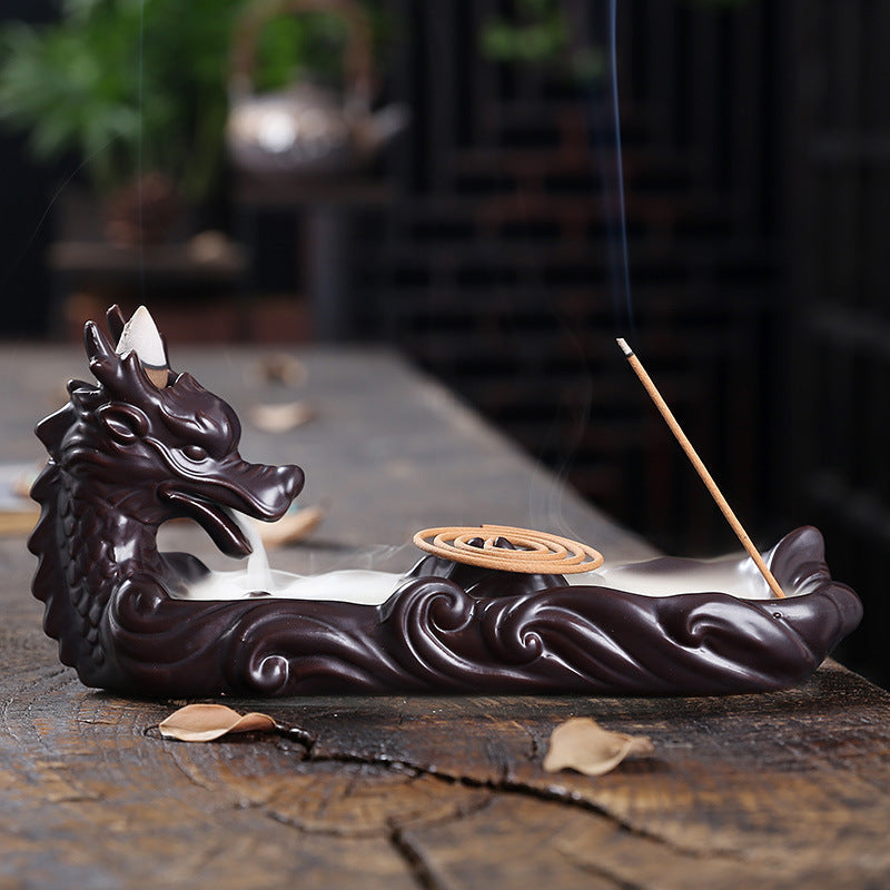 Ceramic Backflow Incense Burner With Dragon Decor