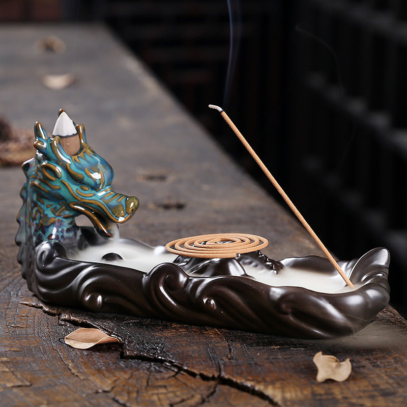 Ceramic Backflow Incense Burner With Dragon Decor