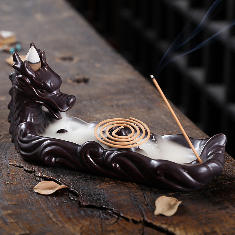 Ceramic Backflow Incense Burner With Dragon Decor