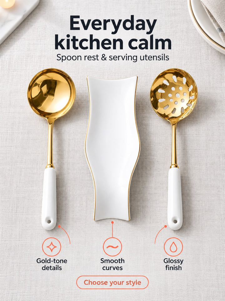 Ceramic Spoon Rest with Gold Rim and Ladle Spoon Set