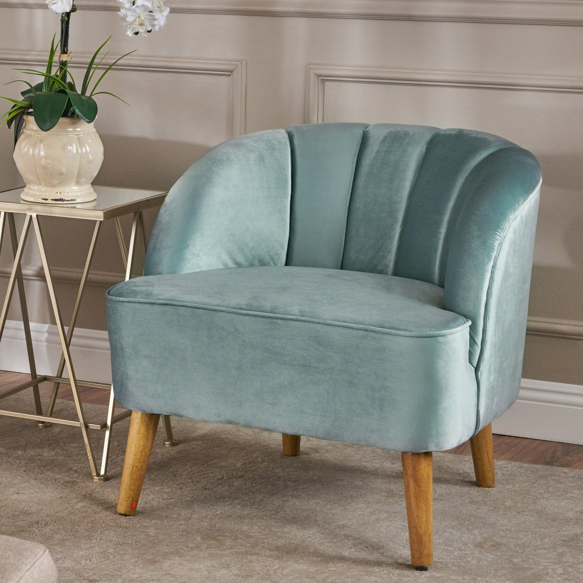 Teal Velvet Accent Chair with Fluted Retro Back