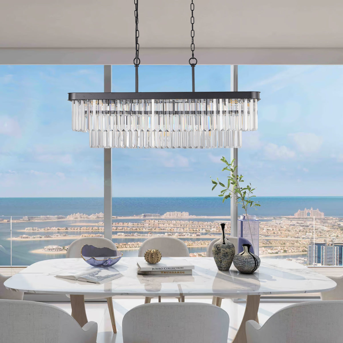 Rectangular Crystal Chandelier with Adjustable Chains