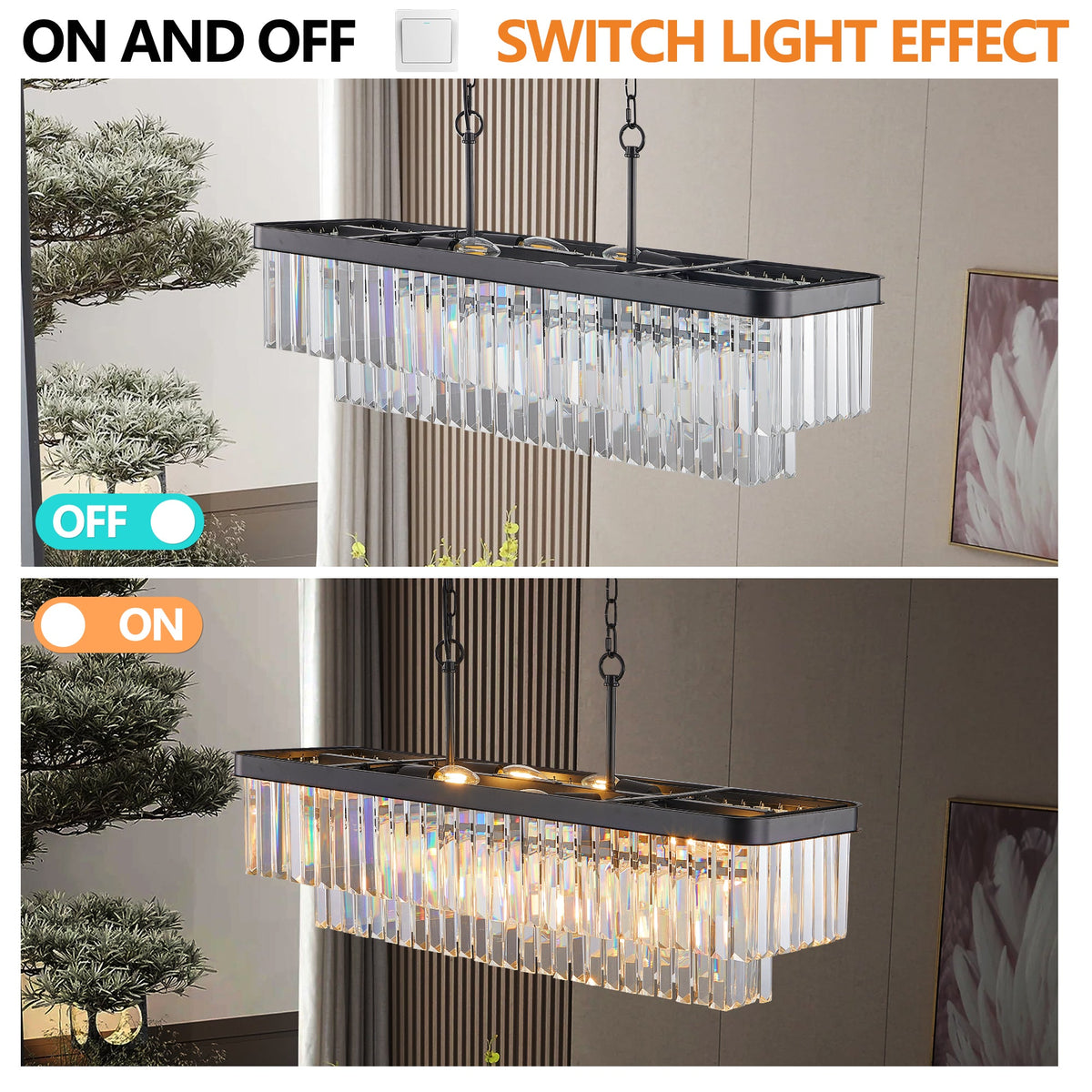 Rectangular Crystal Chandelier with Adjustable Chains