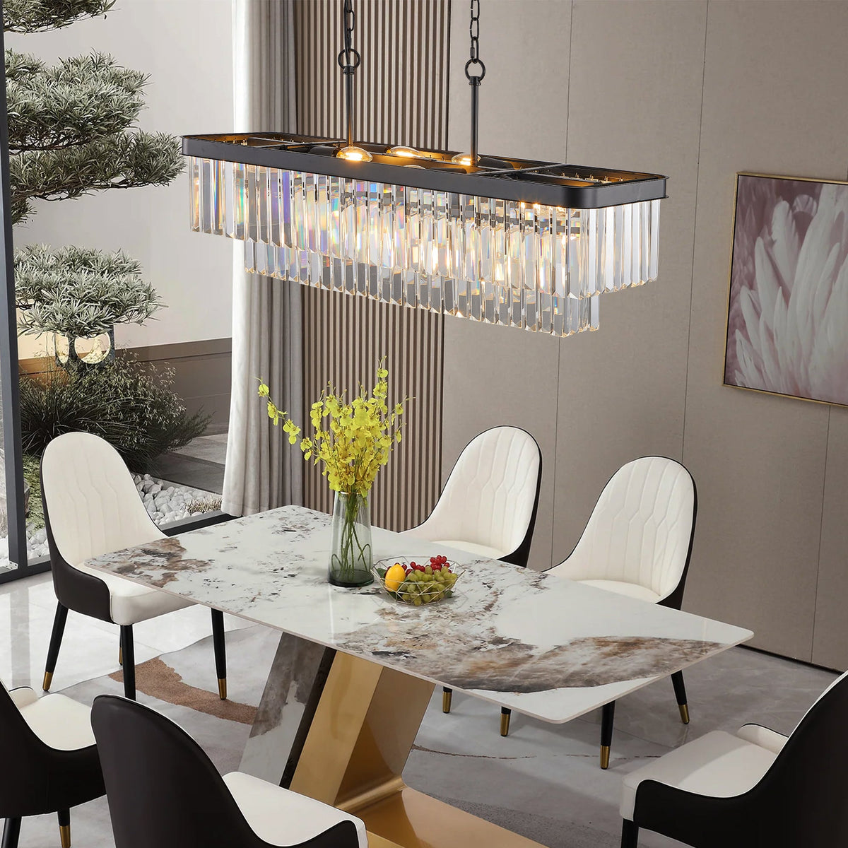 Rectangular Crystal Chandelier with Adjustable Chains