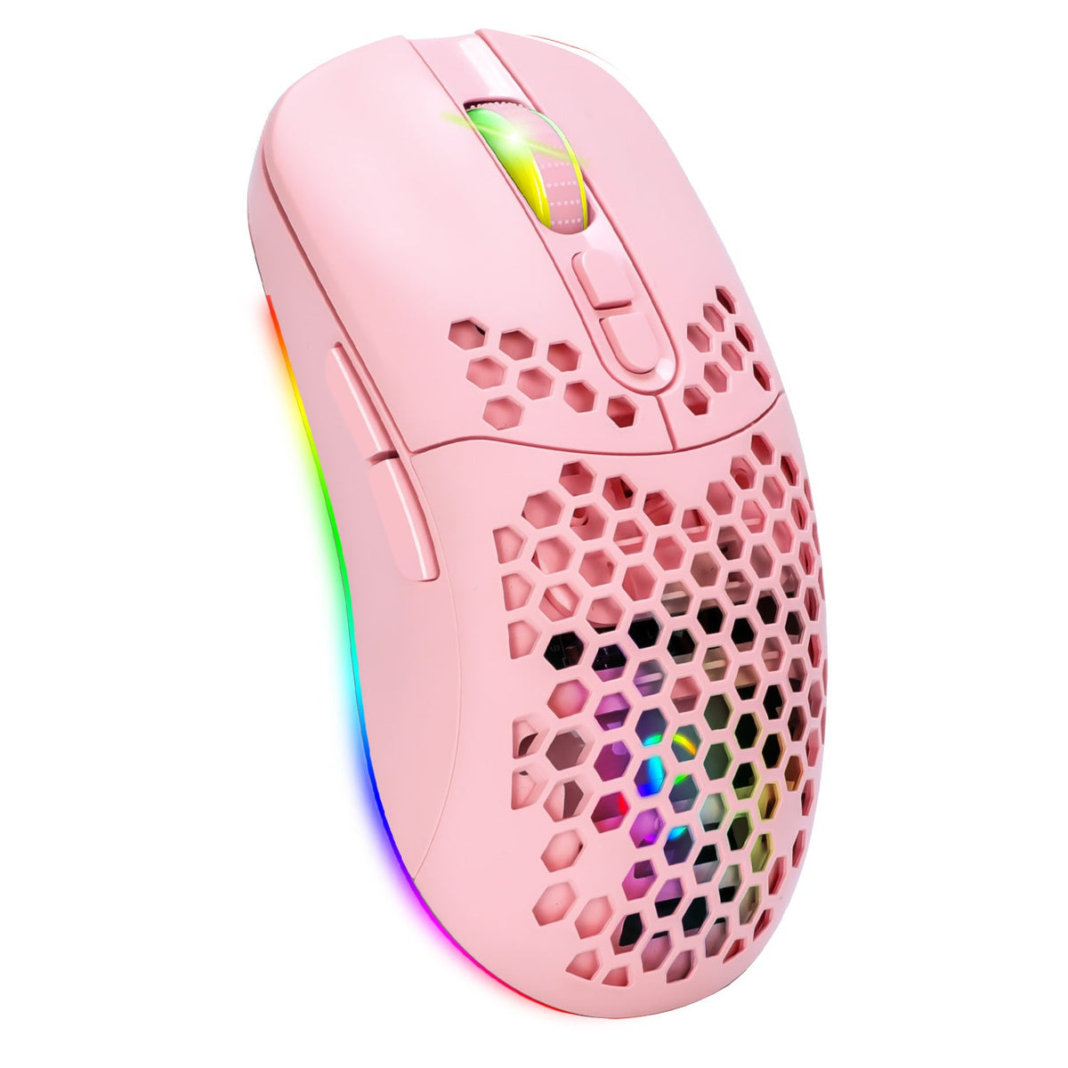 Pink Wireless Mouse 65g Lightweight RGB Honeycomb