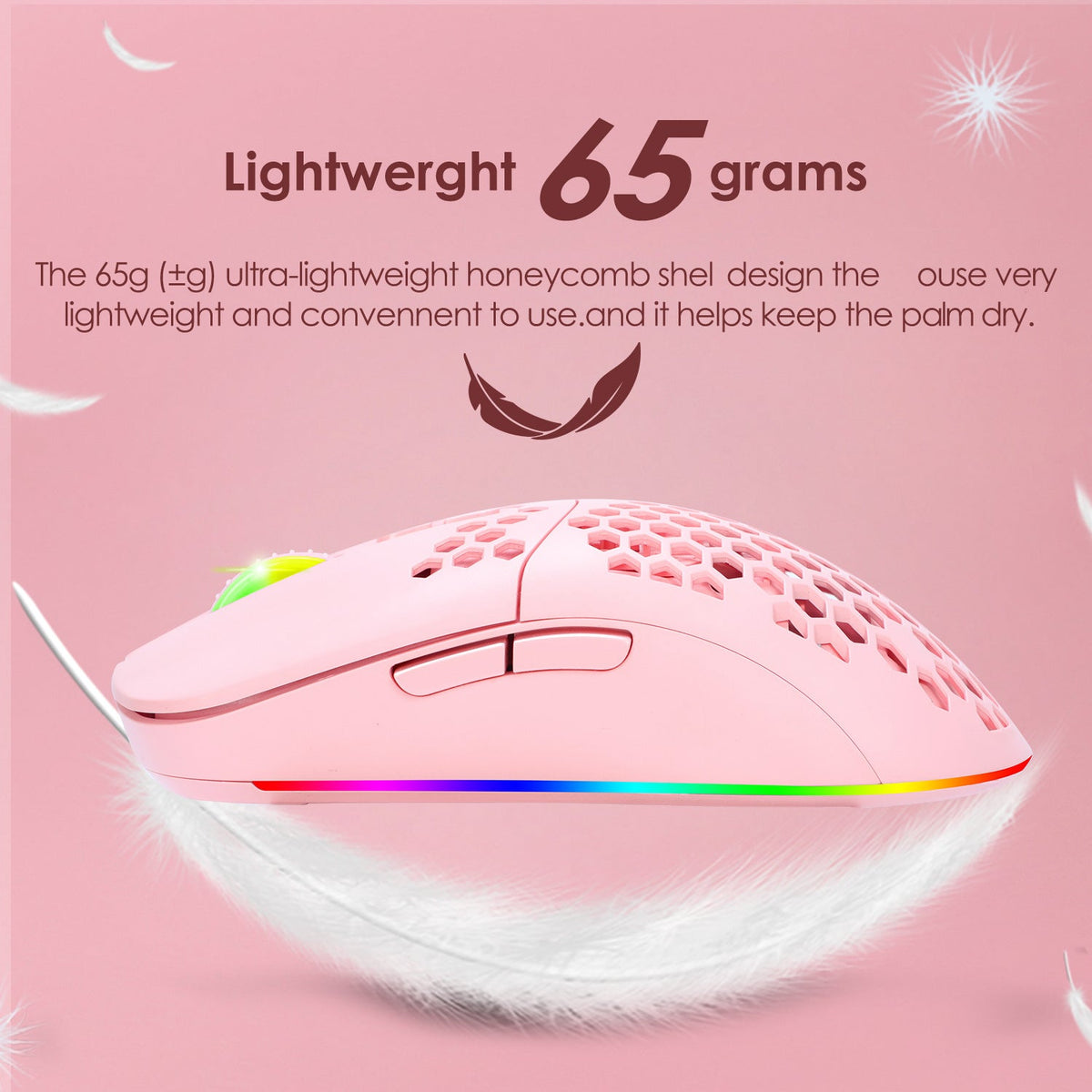 Pink Wireless Mouse 65g Lightweight RGB Honeycomb