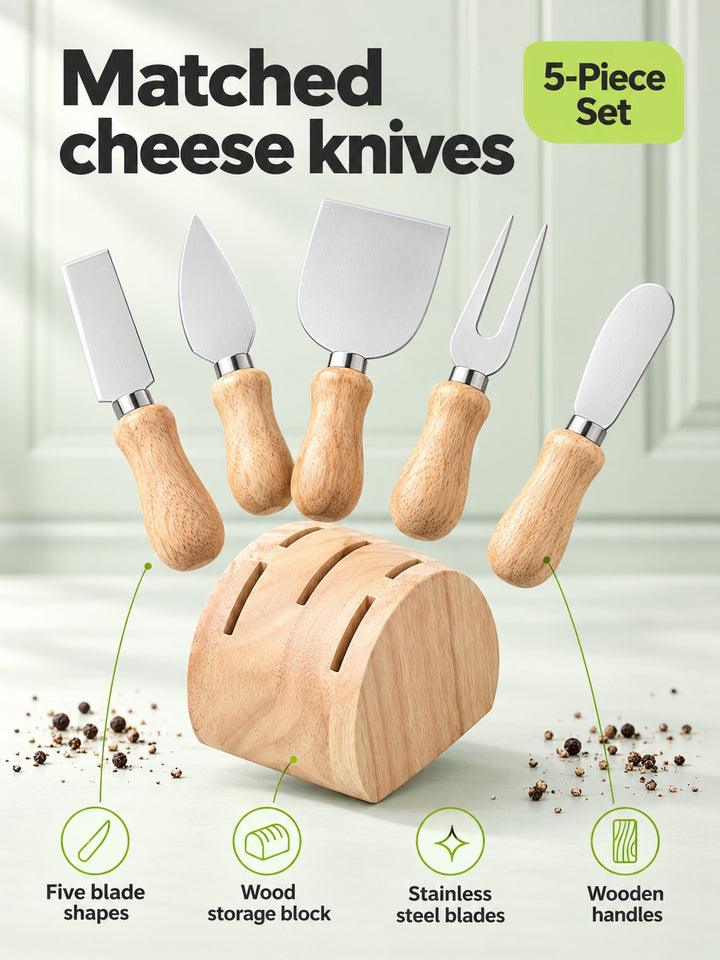 5-Piece Stainless Steel Cheese Knife Set with Wood Block