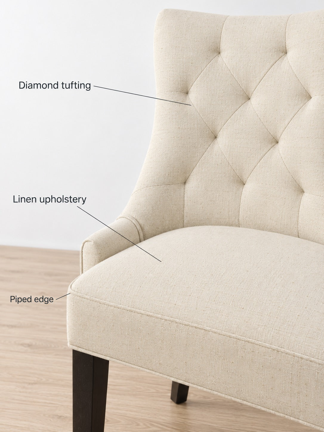 Cream Linen Tufted Dining Chairs Set of 2 with Wood Legs