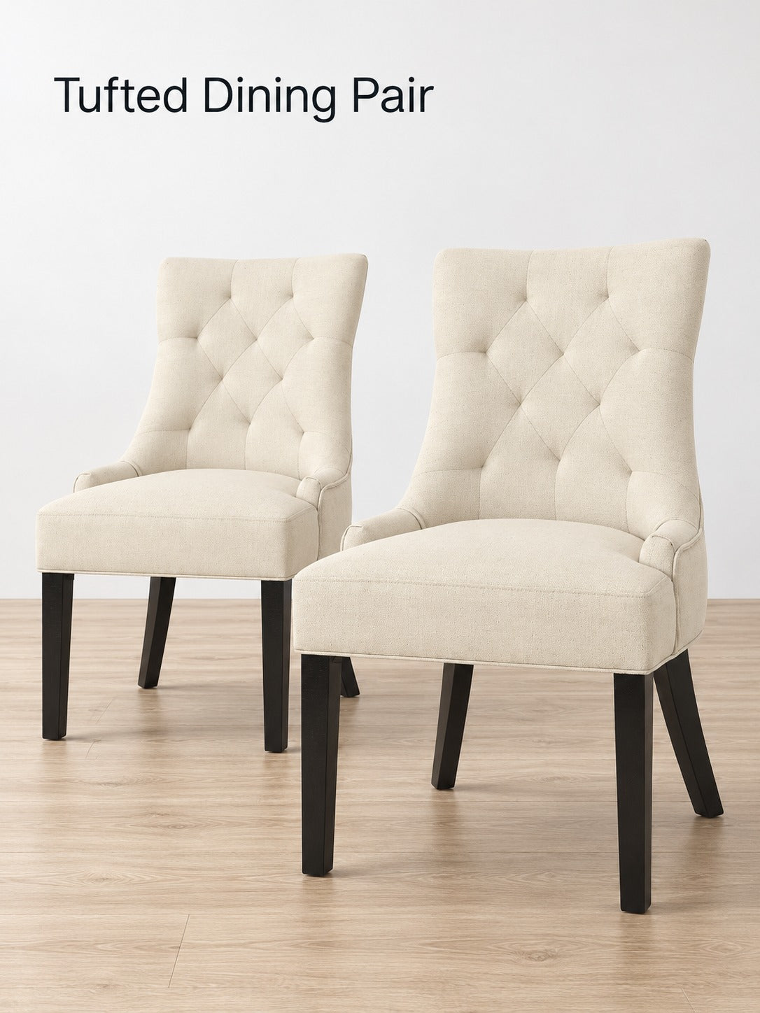 Cream Linen Tufted Dining Chairs Set of 2 with Wood Legs
