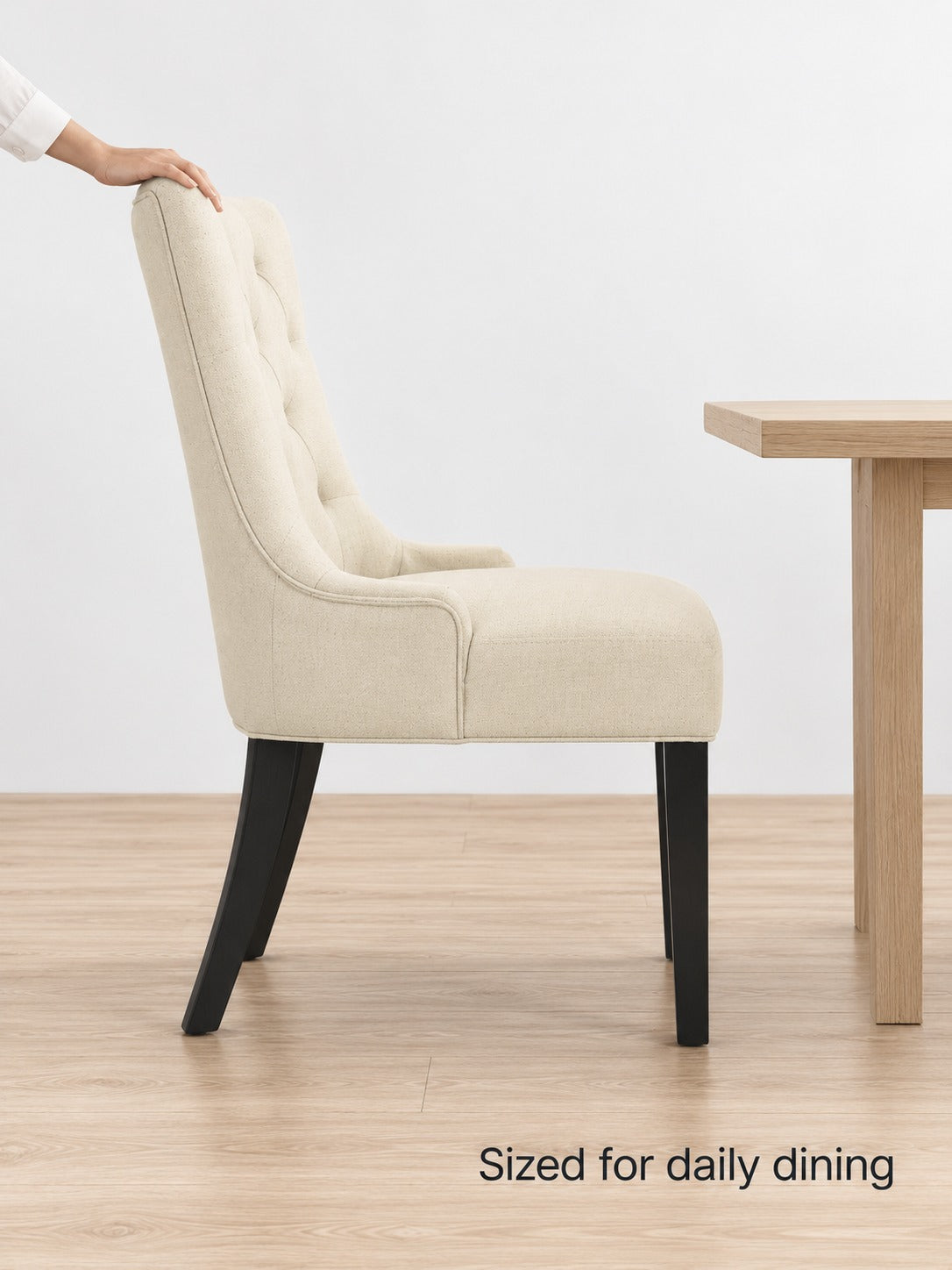 Cream Linen Tufted Dining Chairs Set of 2 with Wood Legs