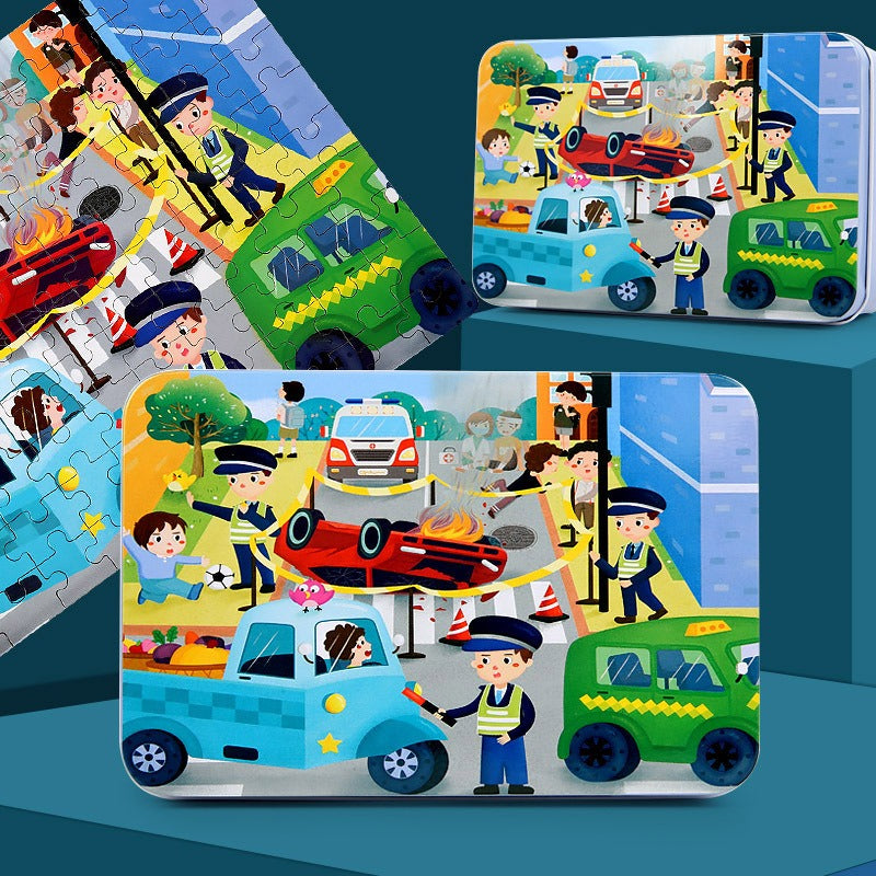 100-Piece Wooden Children's Puzzle With Storage Tin