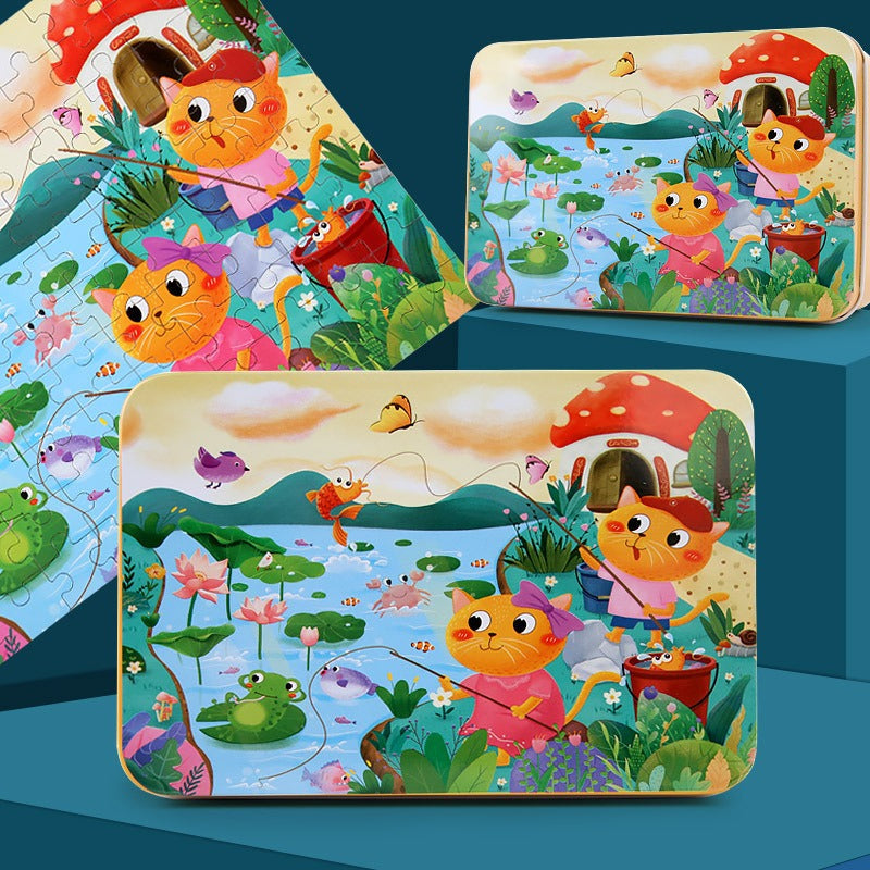 100-Piece Wooden Children's Puzzle With Storage Tin