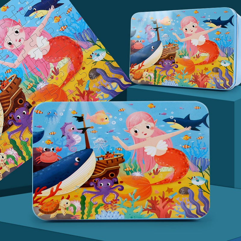 100-Piece Wooden Children's Puzzle With Storage Tin