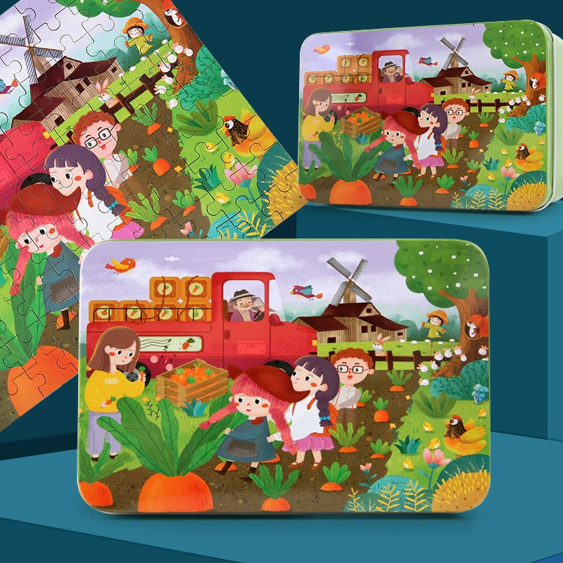 100-Piece Wooden Children's Puzzle With Storage Tin