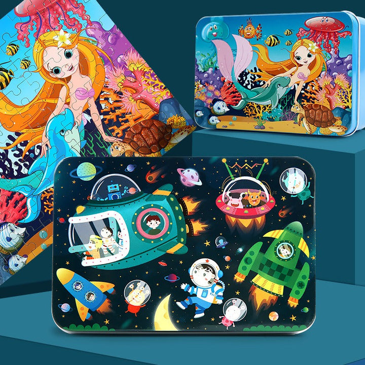 100-Piece Wooden Children's Puzzle With Storage Tin