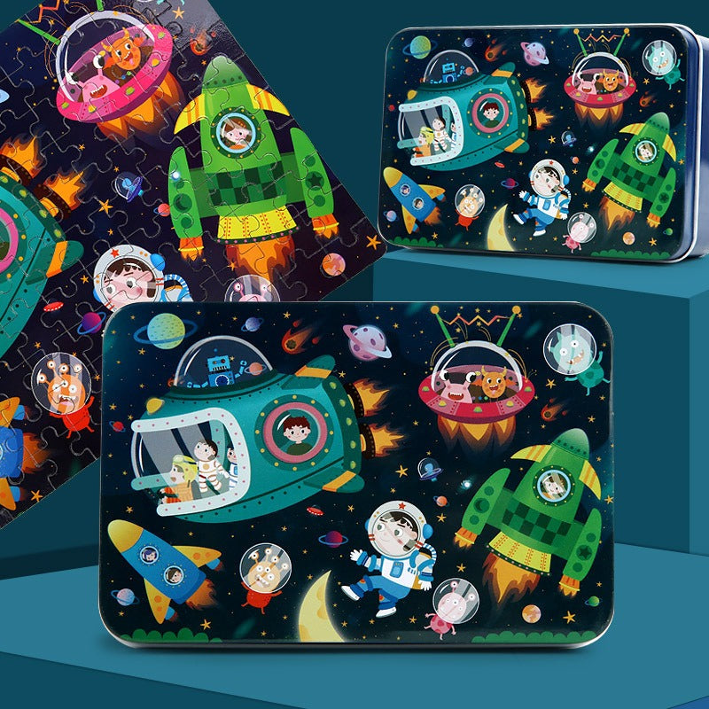 100-Piece Wooden Children's Puzzle With Storage Tin