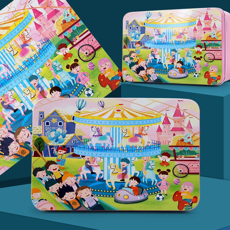 100-Piece Wooden Children's Puzzle With Storage Tin