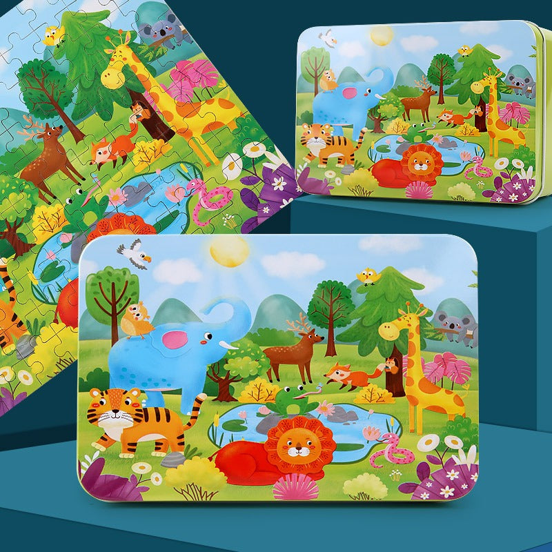100-Piece Wooden Children's Puzzle With Storage Tin