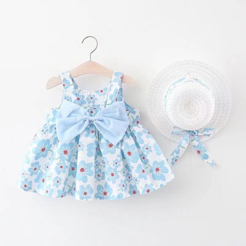 Baby Girl Floral Dress Set With Matching Summer Hat