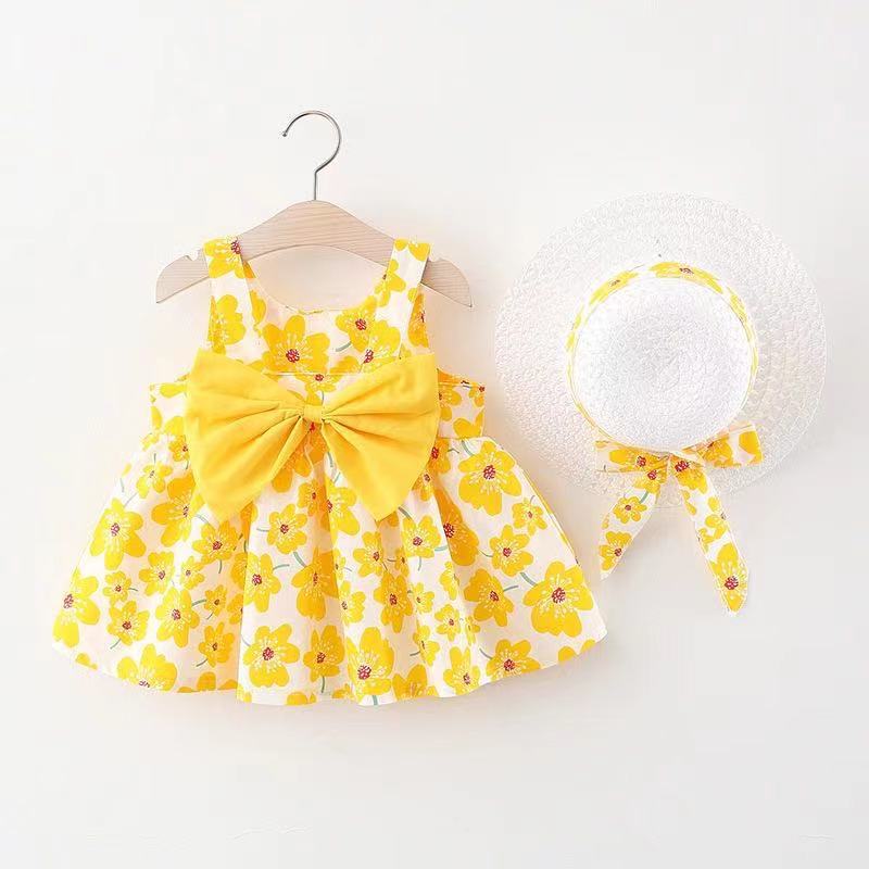 Baby Girl Floral Dress Set With Matching Summer Hat